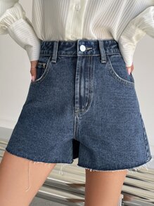 DAZY 高腰撕邊牛仔短褲 - 深色水洗藍 - 查看 5