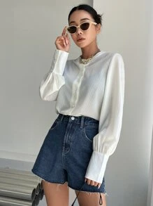 DAZY 高腰撕邊牛仔短褲 - 深色水洗藍 - 查看 7