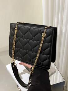 Bolsa cuadrada con corazón guateado con cadena - Negro - Ver 1