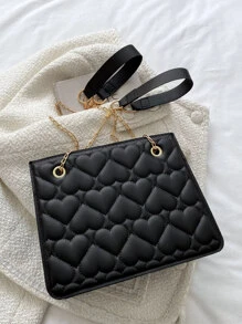 Bolsa cuadrada con corazón guateado con cadena - Negro - Ver 4