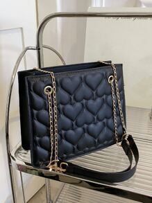 Bolsa cuadrada con corazón guateado con cadena - Negro - Ver 6