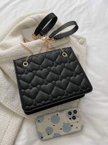 Bolsa cuadrada con corazón guateado con cadena - Negro - Ver 7