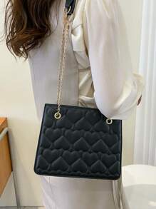 Bolsa cuadrada con corazón guateado con cadena - Negro - Ver 8