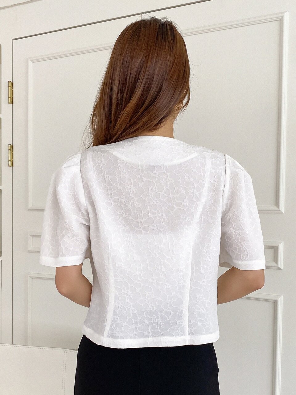 Jacquard Puff Sleeve Square Neck Double Breasted Blouse