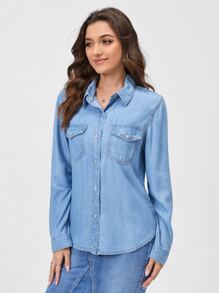 SHEIN Essnce Flap Pocket Front Shirt For Spring And Fall - Light Wash - View 4