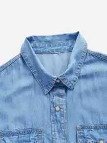 SHEIN Essnce Flap Pocket Front Shirt For Spring And Fall - Light Wash - View 8