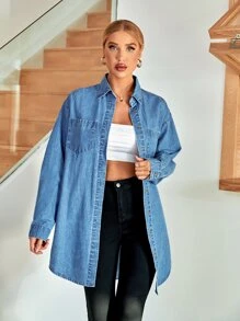 SHEIN Essnce 補丁貼口袋弧形下擺牛仔襯衫 - 中等水洗藍 - 查看 3