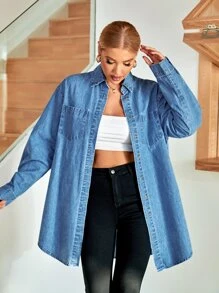 SHEIN Essnce 補丁貼口袋弧形下擺牛仔襯衫 - 中等水洗藍 - 查看 4