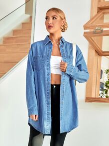 SHEIN Essnce 補丁貼口袋弧形下擺牛仔襯衫 - 中等水洗藍 - 查看 5