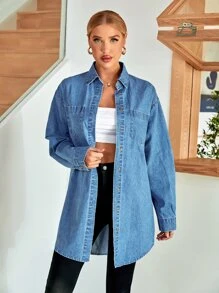 SHEIN Essnce 補丁貼口袋弧形下擺牛仔襯衫 - 中等水洗藍 - 查看 6