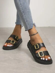 Women PU Buckle Decor Sandals, Black, Leopard Print, Colorblock, Platform Fashionable Shoes, Beach Slippers,Spring Summer Outfits - Black - View 4