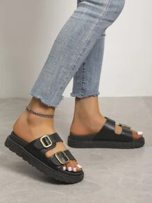 Women PU Buckle Decor Sandals, Black, Leopard Print, Colorblock, Platform Fashionable Shoes, Beach Slippers,Spring Summer Outfits - Black - View 6