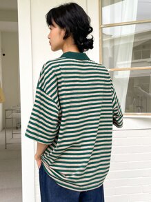 DAZY Áo thun nữ Nút Tương phản ren Sọc Giải trí - Màu xanh lá cây đậm - Xem 2