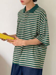 DAZY Áo thun nữ Nút Tương phản ren Sọc Giải trí - Màu xanh lá cây đậm - Xem 3
