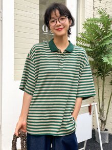 DAZY Áo thun nữ Nút Tương phản ren Sọc Giải trí - Màu xanh lá cây đậm - Xem 4