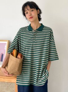 DAZY Áo thun nữ Nút Tương phản ren Sọc Giải trí - Màu xanh lá cây đậm - Xem 5