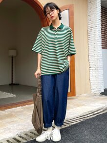 DAZY Áo thun nữ Nút Tương phản ren Sọc Giải trí - Màu xanh lá cây đậm - Xem 6