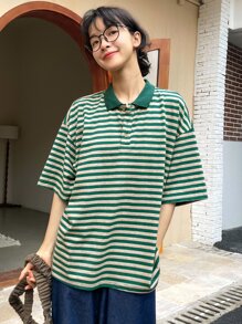 DAZY Áo thun nữ Nút Tương phản ren Sọc Giải trí - Màu xanh lá cây đậm - Xem 7