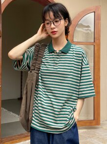 DAZY Áo thun nữ Nút Tương phản ren Sọc Giải trí - Màu xanh lá cây đậm - Xem 8