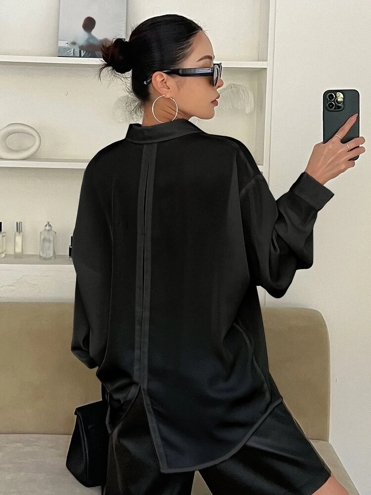 Split Back Drop Shoulder Button Front Shirt