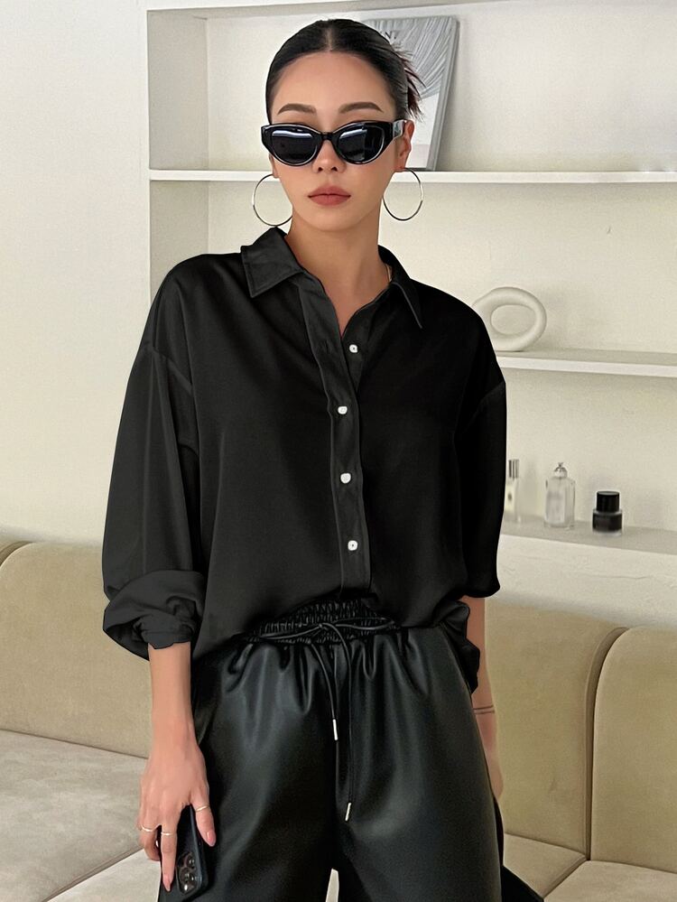 Split Back Drop Shoulder Button Front Shirt