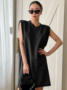 DAZY Solid Shoulder Pad Dress Sundress - Black - View 1