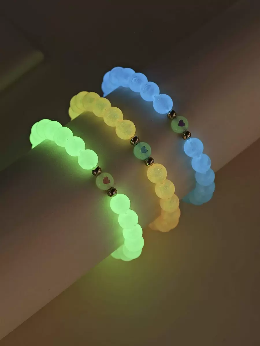 3pcs Glow In The Dark Heart Detail Beaded Bracelet Valentines