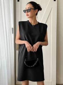 DAZY Solid Shoulder Pad Dress Sundress - Black - View 3