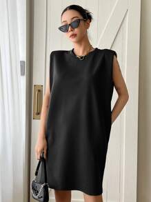 DAZY Solid Shoulder Pad Dress Sundress - Black - View 4
