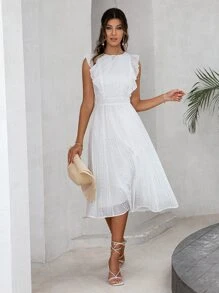 Simplee Đầm Xù Dây kéo Tranh thêu màu trơn Thanh lịch - trắng - Xem 4