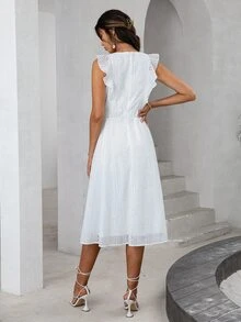 Simplee Đầm Xù Dây kéo Tranh thêu màu trơn Thanh lịch - trắng - Xem 2