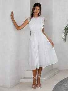 Simplee Đầm Xù Dây kéo Tranh thêu màu trơn Thanh lịch - trắng - Xem 6