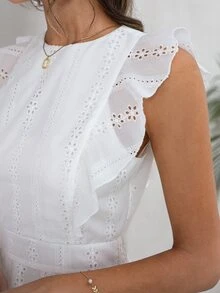 Simplee Đầm Xù Dây kéo Tranh thêu màu trơn Thanh lịch - trắng - Xem 5