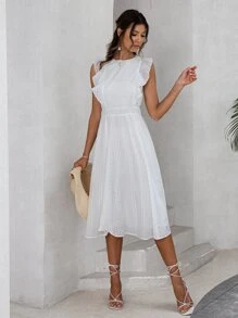 Simplee Đầm Xù Dây kéo Tranh thêu màu trơn Thanh lịch - trắng - Xem 1