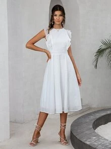 Simplee Đầm Xù Dây kéo Tranh thêu màu trơn Thanh lịch - trắng - Xem 3