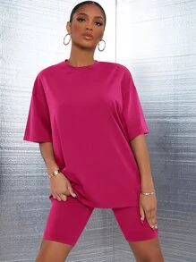 SHEIN SXY 落肩素色上衣和機車短褲套裝 - 玫紅色 - 查看 1