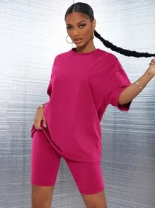 SHEIN SXY 落肩素色上衣和機車短褲套裝 - 玫紅色 - 查看 3