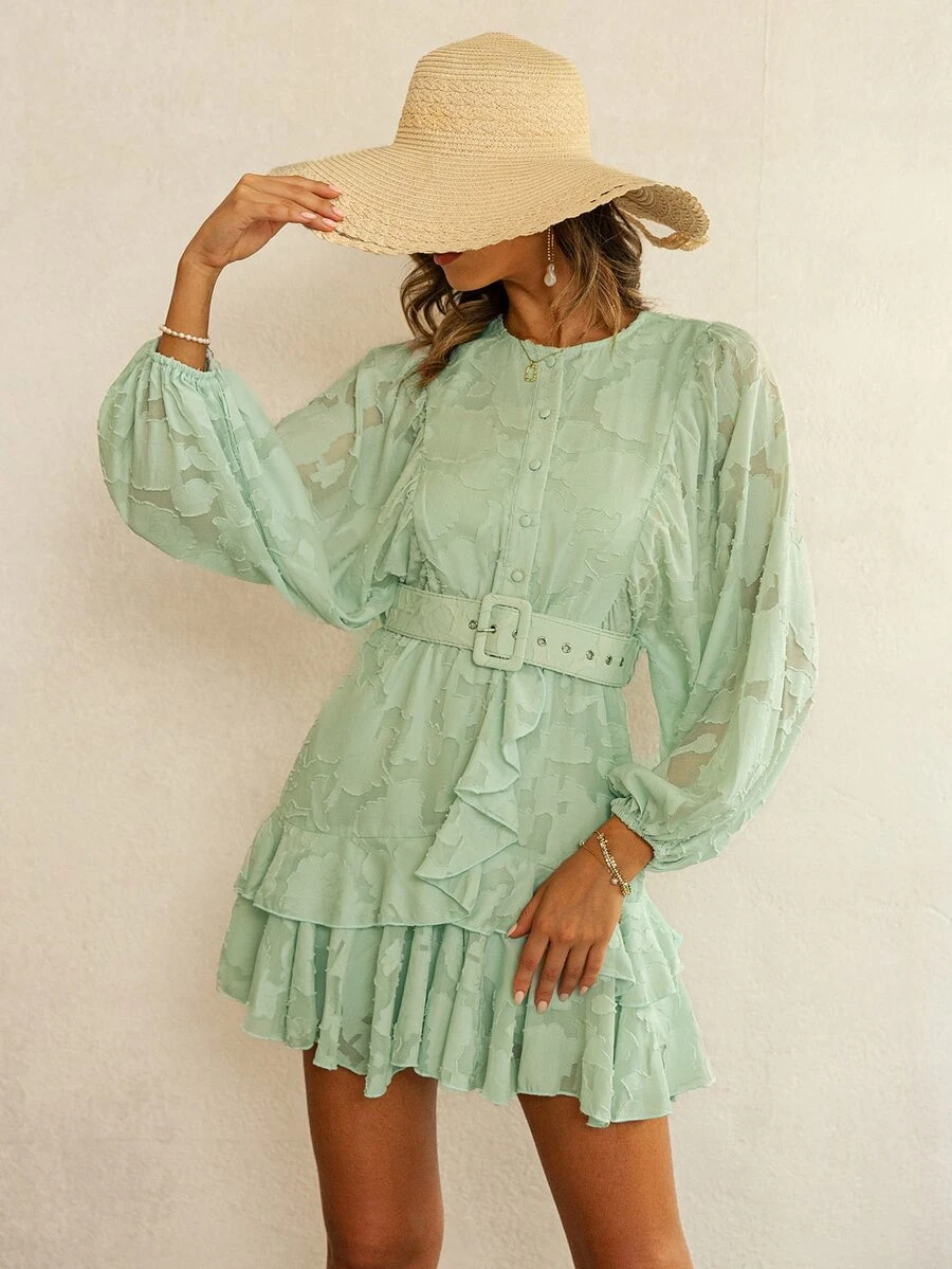 Simplee 提花燈籠袖荷葉邊繫腰帶洋裝