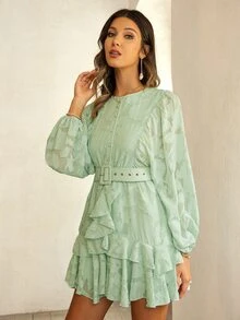 Simplee 提花燈籠袖荷葉邊繫腰帶洋裝