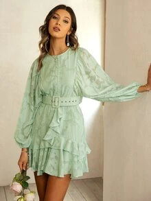 Simplee 提花燈籠袖荷葉邊繫腰帶洋裝