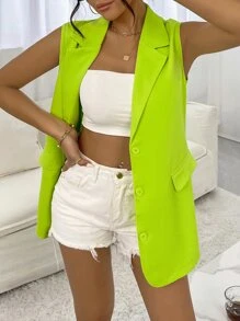 SHEIN Essnce Neon Green Single Breasted Vest Blazer - Lime Green - View 4