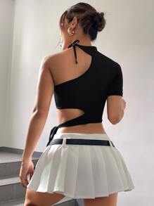 單肩側繫帶鏤空短款上衣 - 黑色 - 查看 2