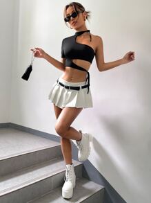 單肩側繫帶鏤空短款上衣 - 黑色 - 查看 4