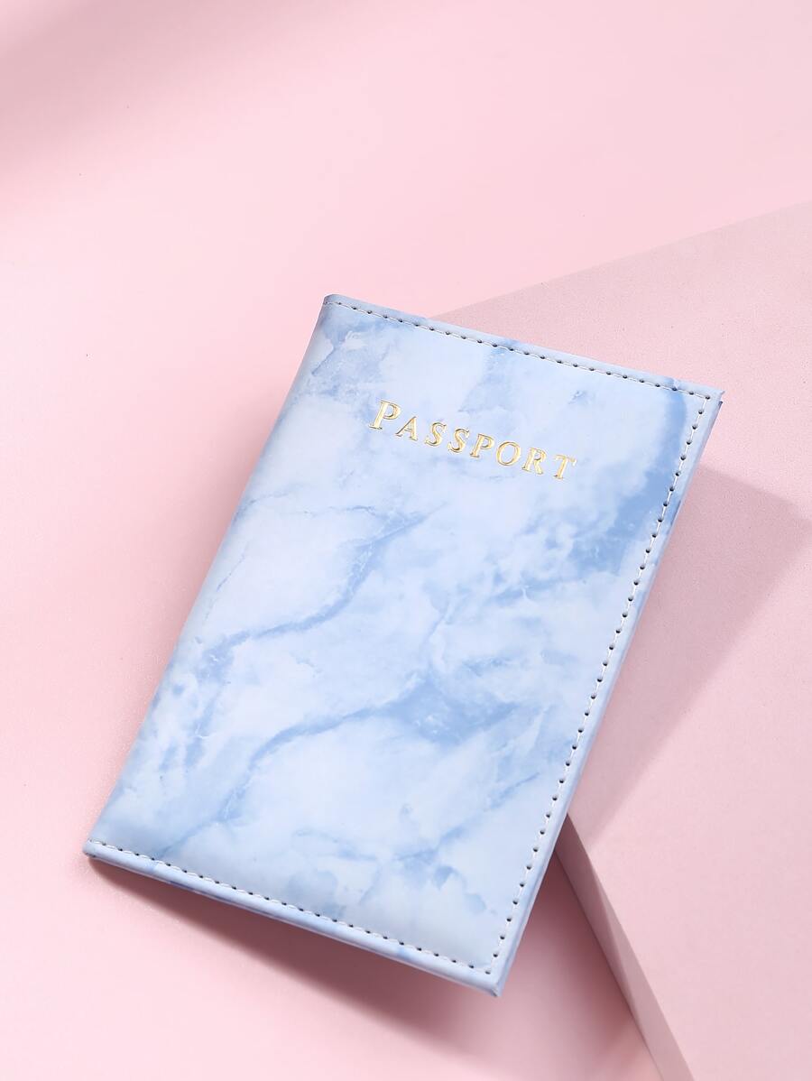 Letter Graphic Marble Graphic Passport Case - Blue - View 1