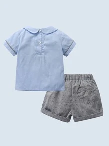 Baby Boy's Gentleman Style 2pcs Blue Short Sleeve Shirt And Grey Shorts Set, Suitable For Daily, Travel, School Occasions - Baby Blue - View 1