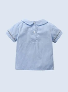 Baby Boy's Gentleman Style 2pcs Blue Short Sleeve Shirt And Grey Shorts Set, Suitable For Daily, Travel, School Occasions - Baby Blue - View 6