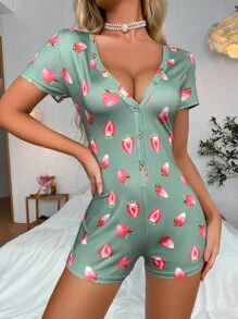 Strawberry Print Half Button Sleep Romper - Mint Green - View 4