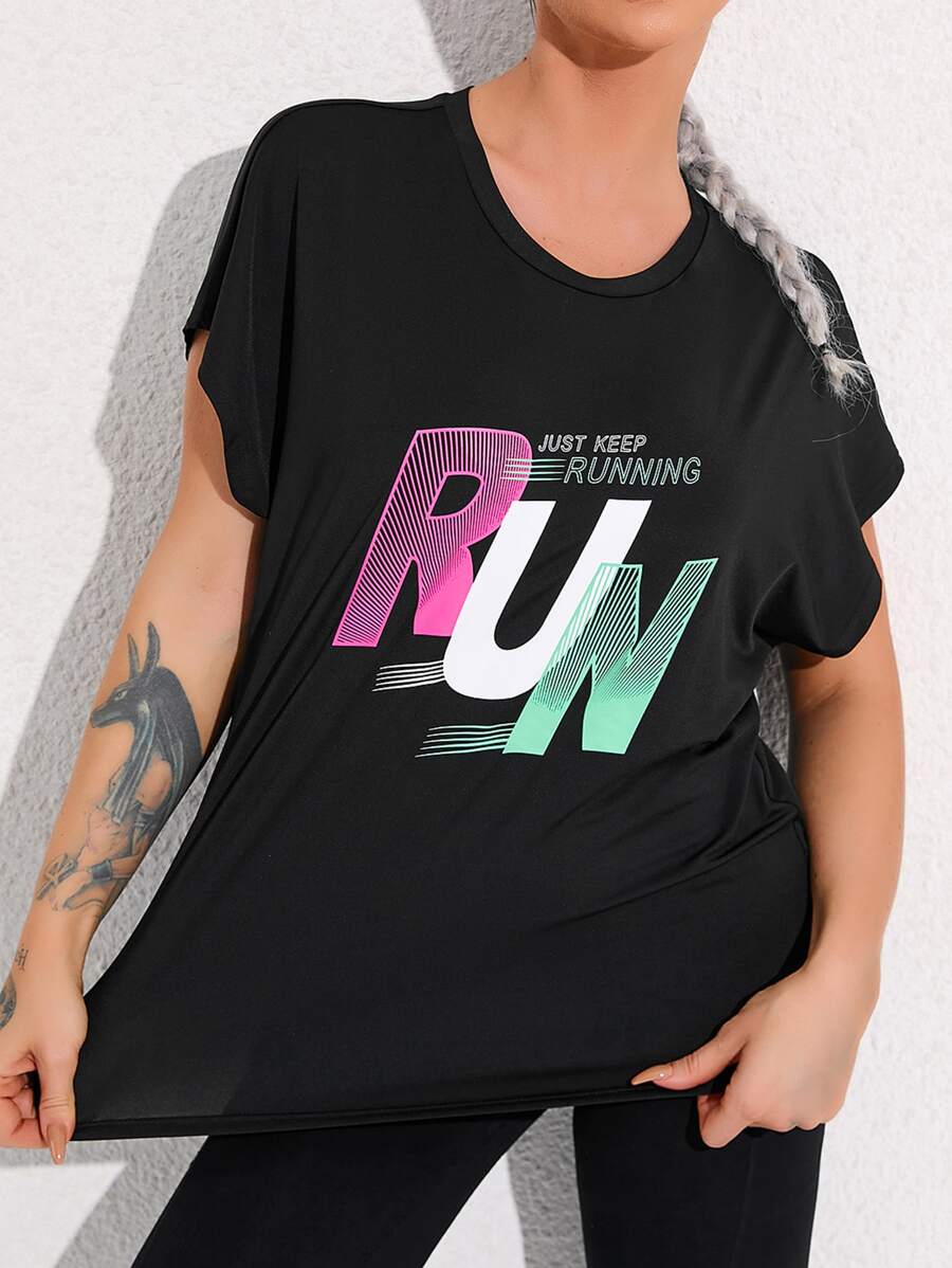 Easithlete Slogan Graphic Batwing Sleeve Sports Tee - Black - View 1