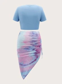 SHEIN EZwear 大碼標語圖案T恤和紮染側抽繩不對稱下擺半身裙 - 淺藍色 - 查看 2