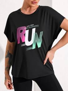 Easithlete Slogan Graphic Batwing Sleeve Sports Tee - Black - View 3